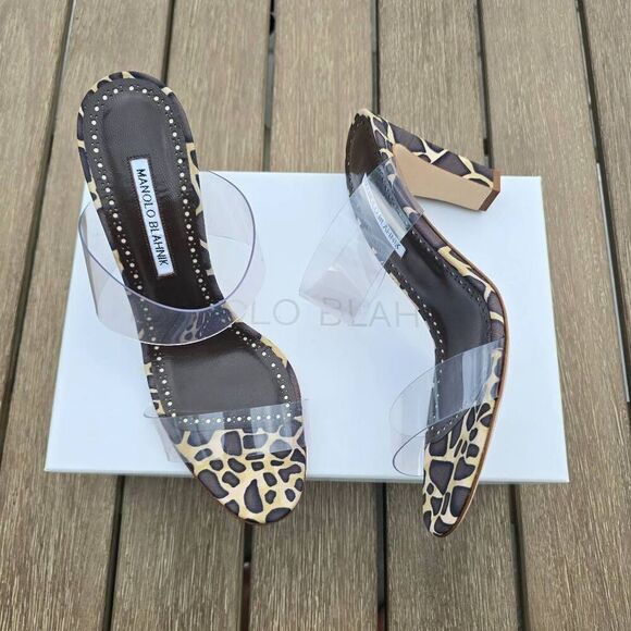 Manolo Blahnik High Heel Sandals Women's Size 9.5B Black Leopard Print Slip On - Picture 2 of 9